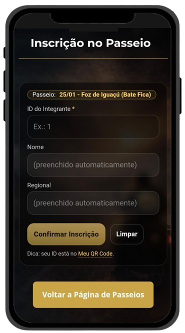 Tela de inscrição no passeio
